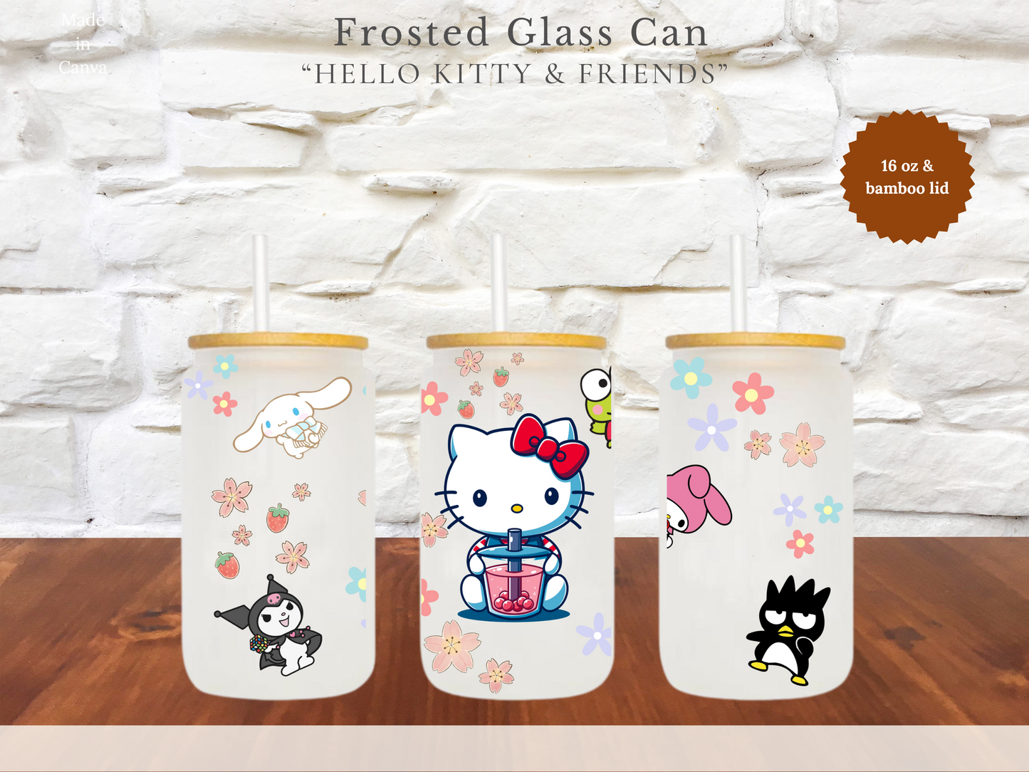 16 oz Frosted Glass Can - "Hello Kitty & Friends"